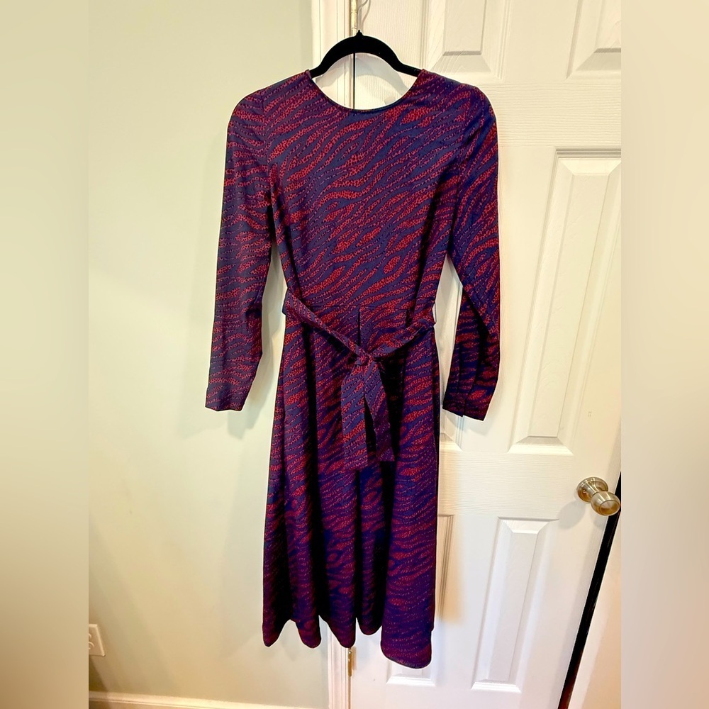Boden Women’s 8R Lydia Maroon Zebra Spot Midi Dress w/ Tie Waist Pockets